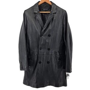Wilsons Leather Men's Black Genuine Leather Double Breasted Trench‎ Car Coat  L
